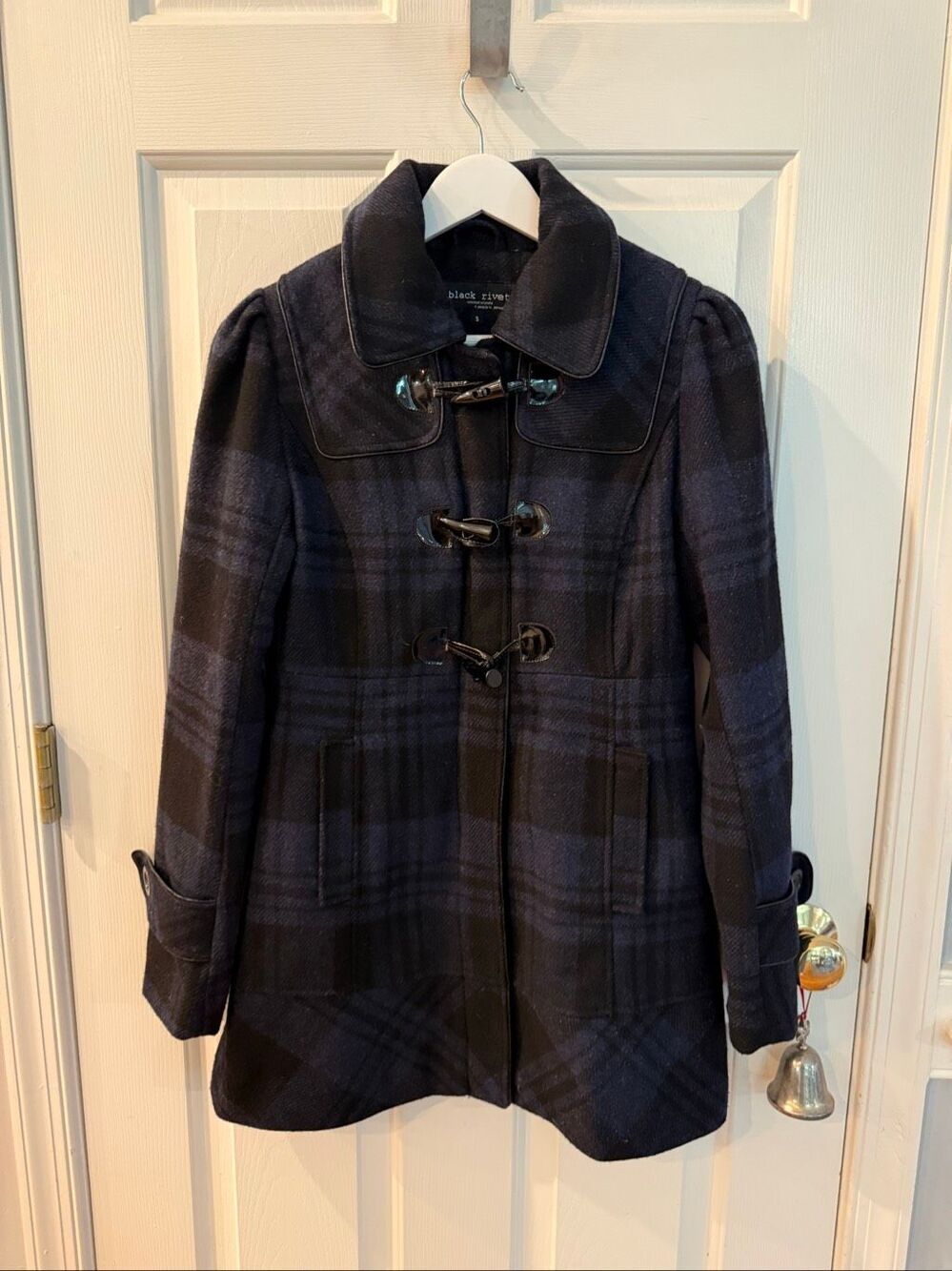 Black Rivet Navy & Black Plaid Frog Closure Plaid Jacket Coat sz S EUC